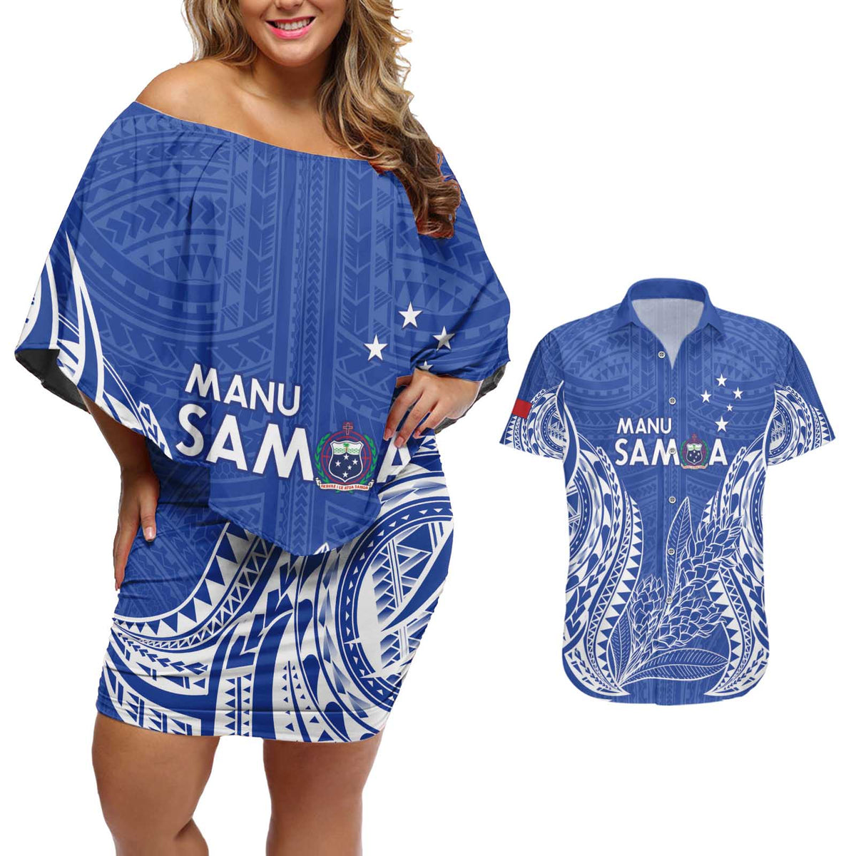 Custom Manu Samoa Rugby 2024 Couples Matching Off Shoulder Short Dress and Hawaiian Shirt Go Champions Samoan Tattoo LT14 Blue - Polynesian Pride