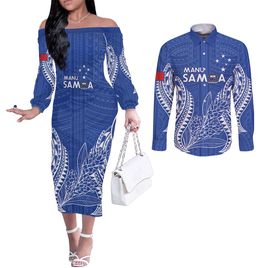 Custom Manu Samoa Rugby 2024 Couples Matching Off The Shoulder Long Sleeve Dress and Long Sleeve Button Shirt Go Champions Samoan Tattoo LT14 Blue - Polynesian Pride