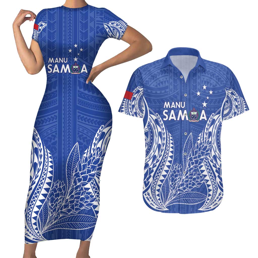 Custom Manu Samoa Rugby 2024 Couples Matching Short Sleeve Bodycon Dress and Hawaiian Shirt Go Champions Samoan Tattoo LT14 Blue - Polynesian Pride