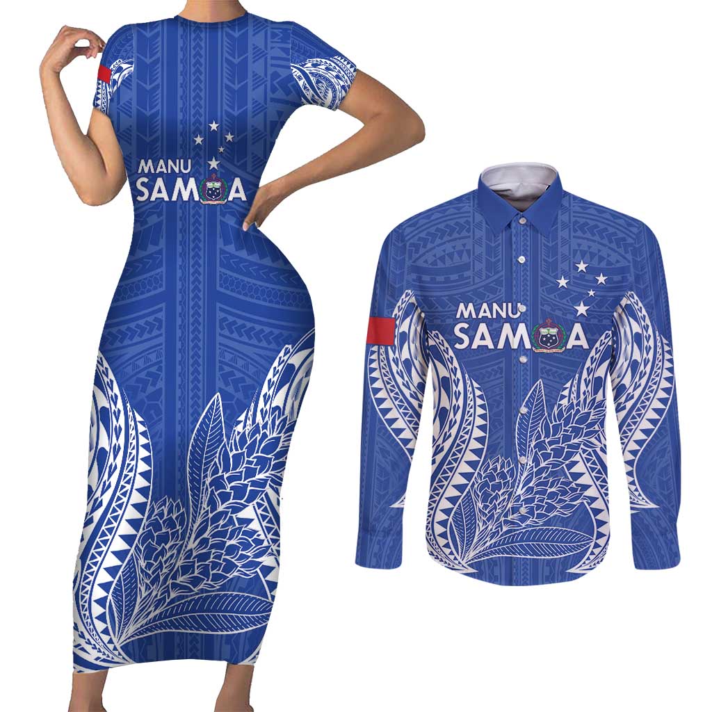 Custom Manu Samoa Rugby 2024 Couples Matching Short Sleeve Bodycon Dress and Long Sleeve Button Shirt Go Champions Samoan Tattoo LT14 Blue - Polynesian Pride