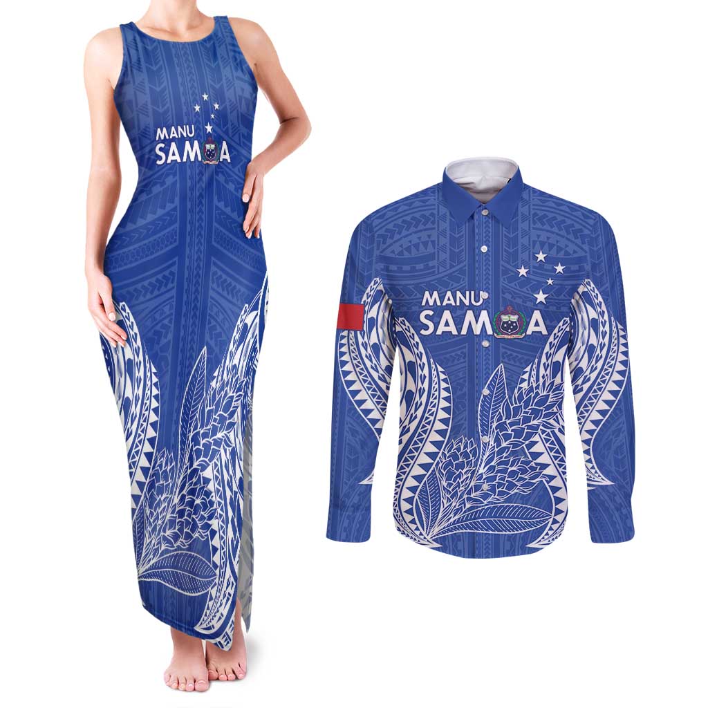 Custom Manu Samoa Rugby 2024 Couples Matching Tank Maxi Dress and Long Sleeve Button Shirt Go Champions Samoan Tattoo LT14 Blue - Polynesian Pride