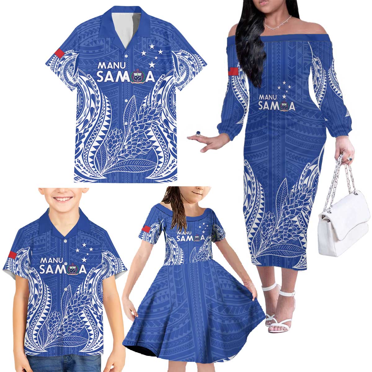 Custom Manu Samoa Rugby 2024 Family Matching Off The Shoulder Long Sleeve Dress and Hawaiian Shirt Go Champions Samoan Tattoo LT14 - Polynesian Pride