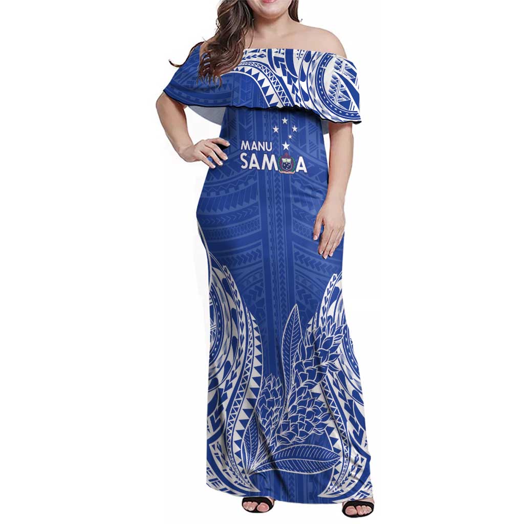 Custom Manu Samoa Rugby 2024 Family Matching Off Shoulder Maxi Dress and Hawaiian Shirt Go Champions Samoan Tattoo LT14 Mom's Dress Blue - Polynesian Pride