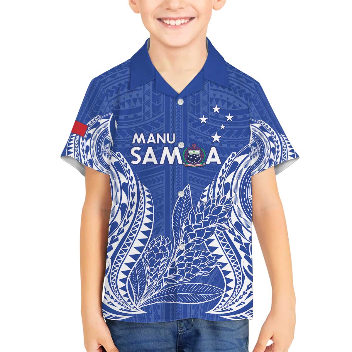 Custom Manu Samoa Rugby 2024 Family Matching Off Shoulder Short Dress and Hawaiian Shirt Go Champions Samoan Tattoo LT14 Son's Shirt Blue - Polynesian Pride