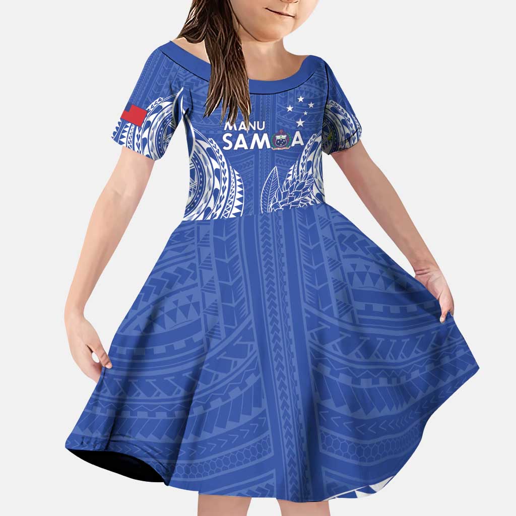 Custom Manu Samoa Rugby 2024 Family Matching Puletasi and Hawaiian Shirt Go Champions Samoan Tattoo LT14 Daughter's Dress Blue - Polynesian Pride
