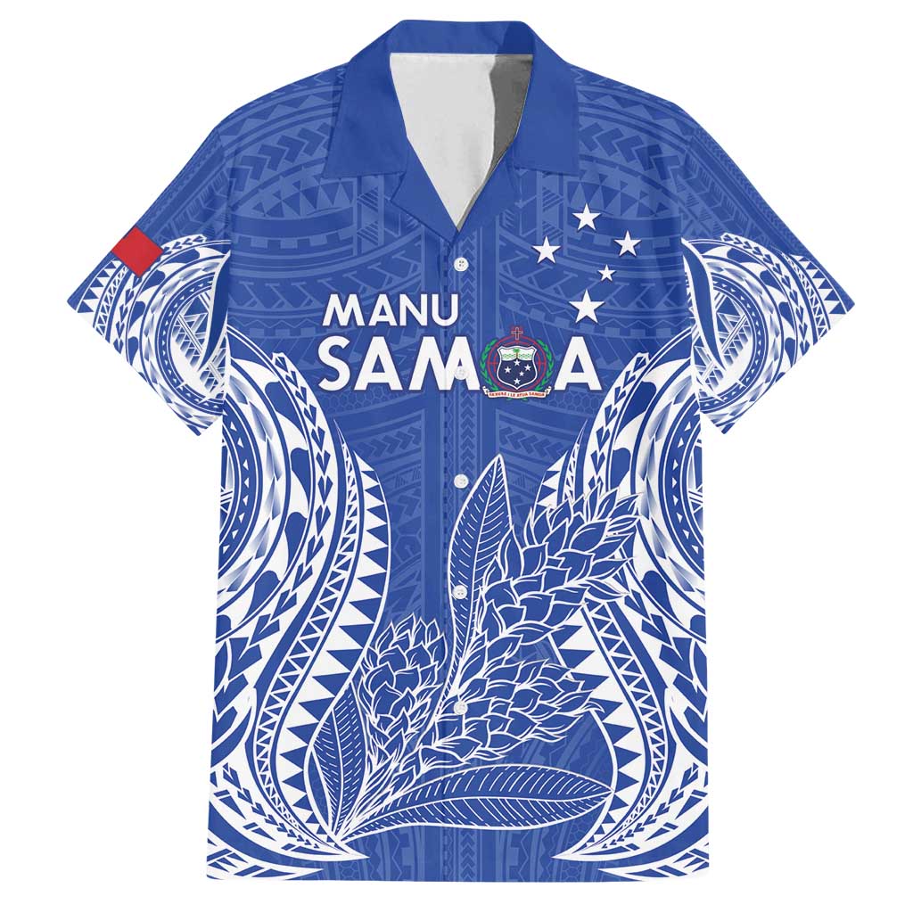 Custom Manu Samoa Rugby 2024 Family Matching Puletasi and Hawaiian Shirt Go Champions Samoan Tattoo LT14 Dad's Shirt - Short Sleeve Blue - Polynesian Pride