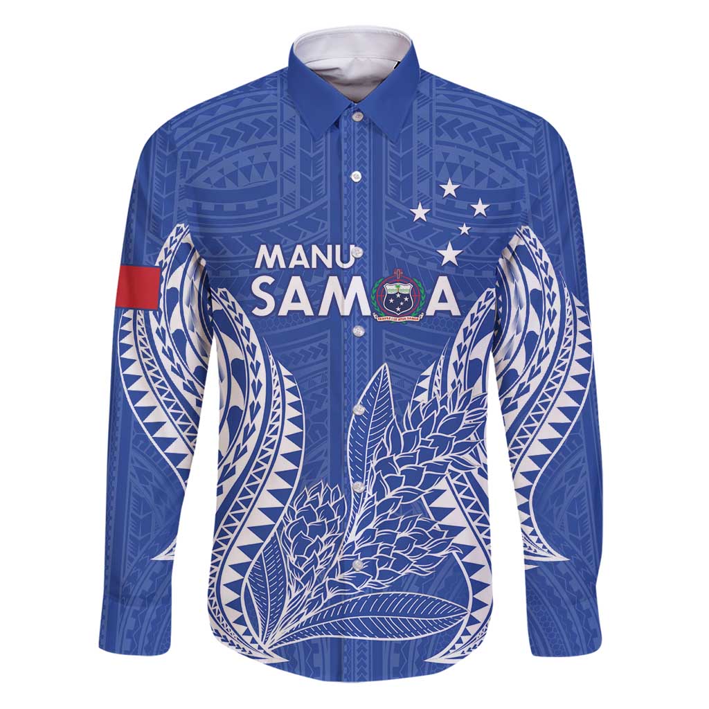Custom Manu Samoa Rugby 2024 Family Matching Puletasi and Hawaiian Shirt Go Champions Samoan Tattoo LT14 Dad's Shirt - Long Sleeve Blue - Polynesian Pride