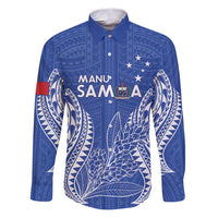 Custom Manu Samoa Rugby 2024 Family Matching Puletasi and Hawaiian Shirt Go Champions Samoan Tattoo LT14 Dad's Shirt - Long Sleeve Blue - Polynesian Pride