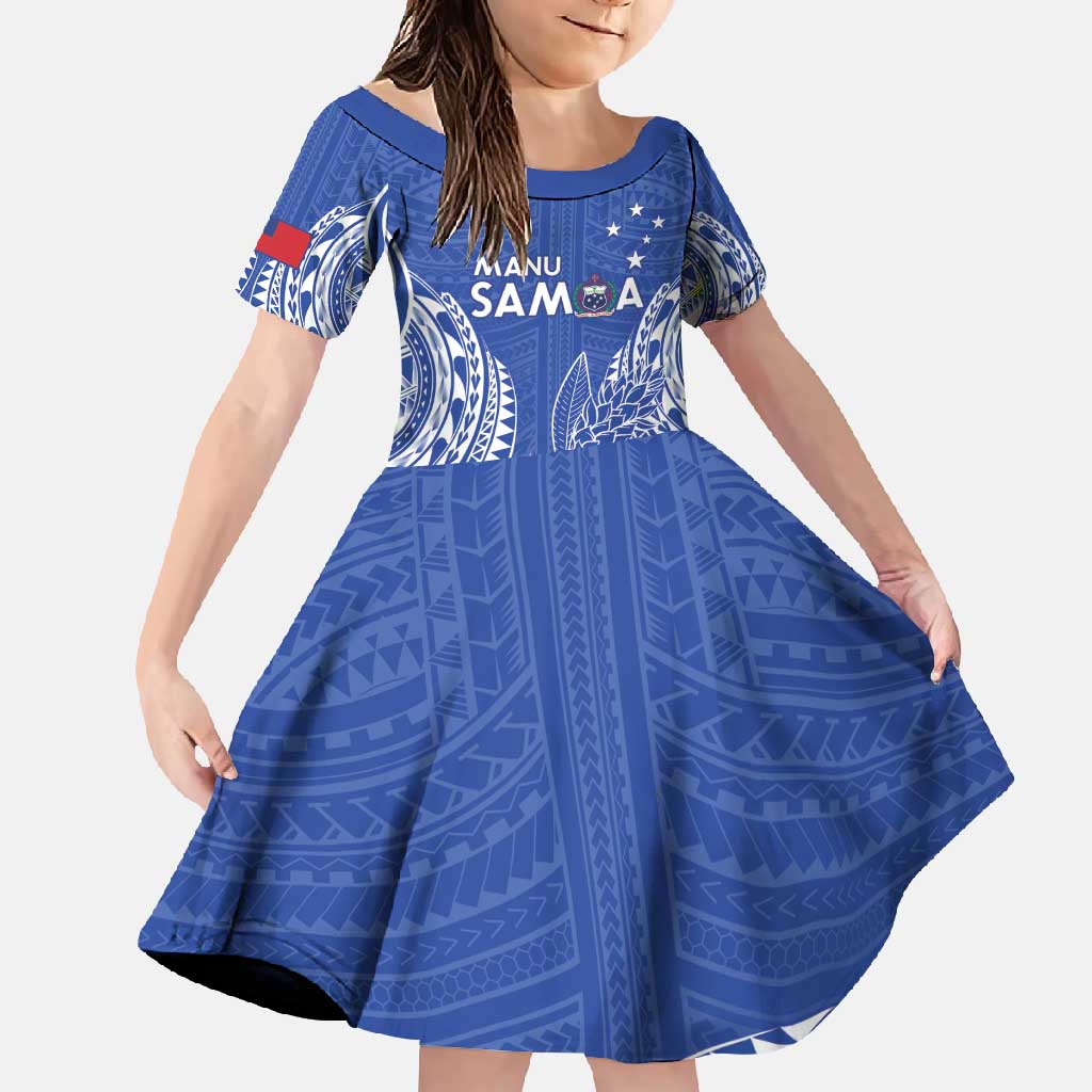 Custom Manu Samoa Rugby 2024 Family Matching Summer Maxi Dress and Hawaiian Shirt Go Champions Samoan Tattoo LT14 Daughter's Dress Blue - Polynesian Pride