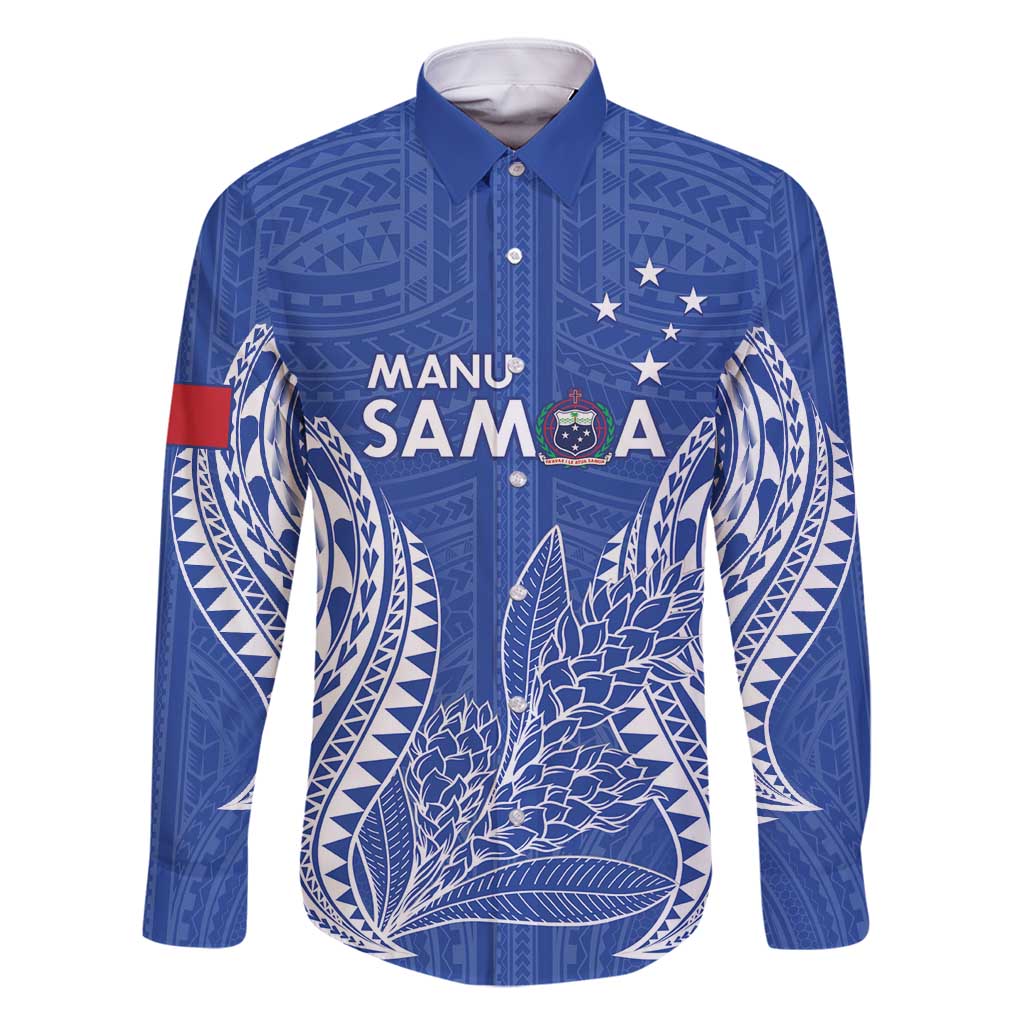 Custom Manu Samoa Rugby 2024 Family Matching Tank Maxi Dress and Hawaiian Shirt Go Champions Samoan Tattoo LT14 Dad's Shirt - Long Sleeve Blue - Polynesian Pride