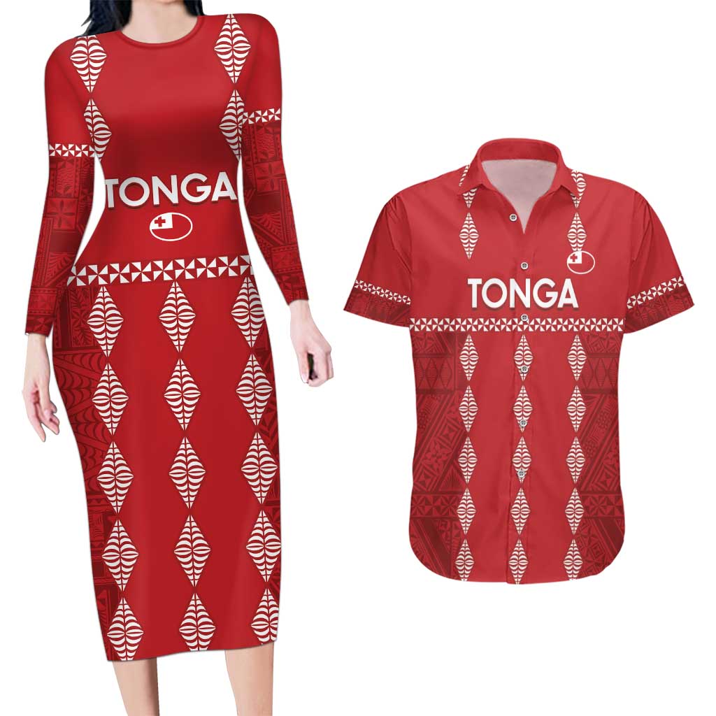 Custom Tonga Rugby 2024 Couples Matching Long Sleeve Bodycon Dress and Hawaiian Shirt Go Champions Ikale Tahi Ngatu Pattern LT14 Red - Polynesian Pride