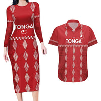 Custom Tonga Rugby 2024 Couples Matching Long Sleeve Bodycon Dress and Hawaiian Shirt Go Champions Ikale Tahi Ngatu Pattern LT14 Red - Polynesian Pride