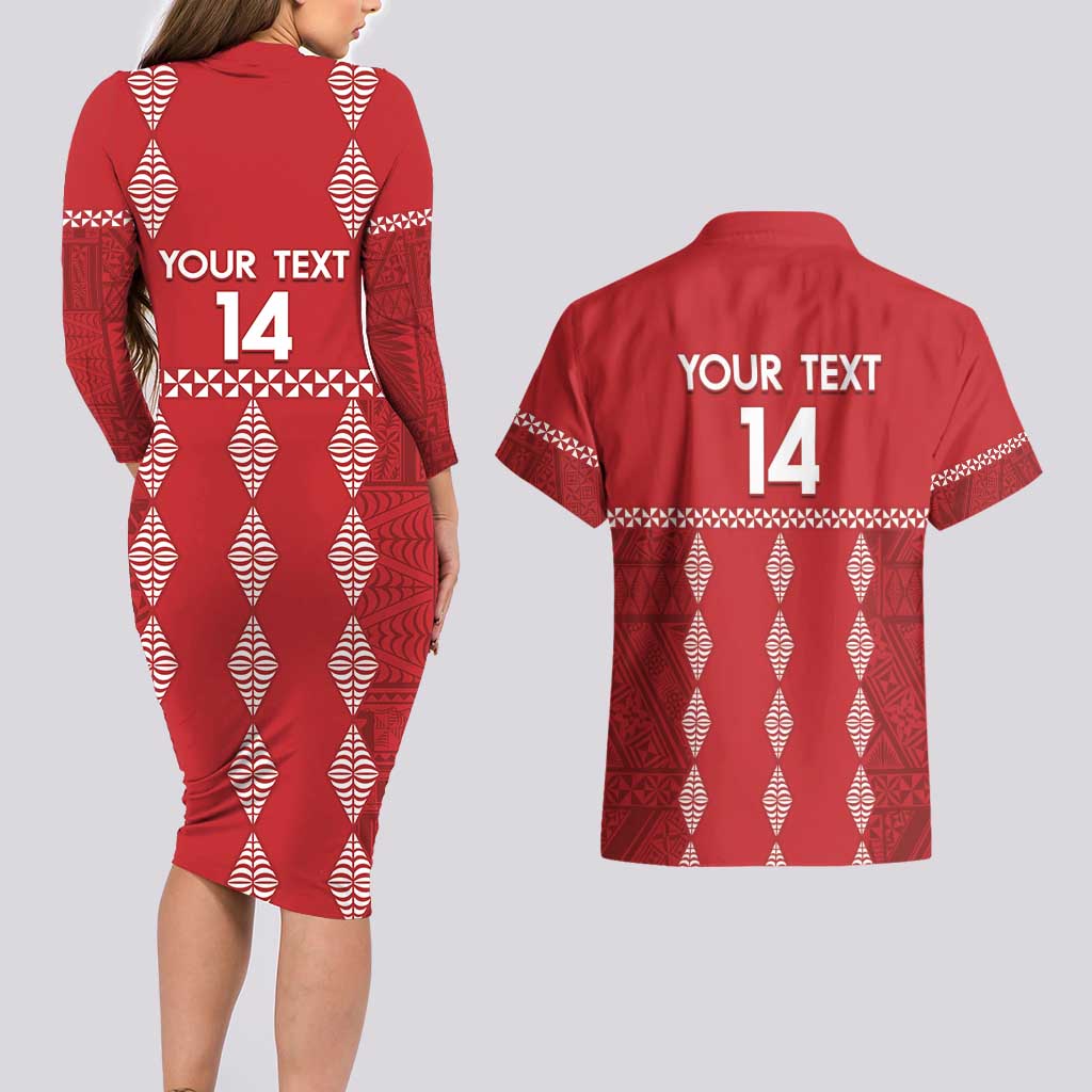 Custom Tonga Rugby 2024 Couples Matching Long Sleeve Bodycon Dress and Hawaiian Shirt Go Champions Ikale Tahi Ngatu Pattern LT14 - Polynesian Pride