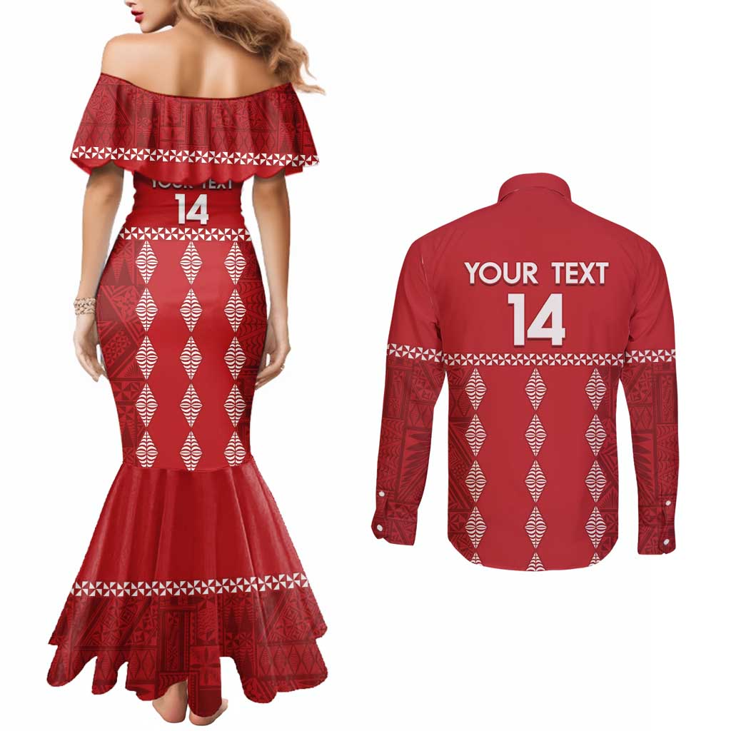 Custom Tonga Rugby 2024 Couples Matching Mermaid Dress and Long Sleeve Button Shirt Go Champions Ikale Tahi Ngatu Pattern