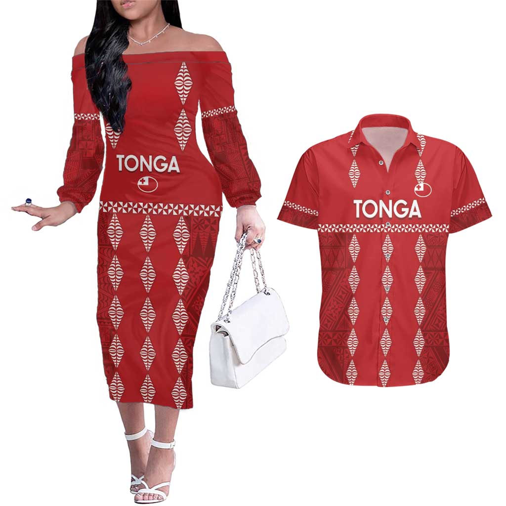 Custom Tonga Rugby 2024 Couples Matching Off The Shoulder Long Sleeve Dress and Hawaiian Shirt Go Champions Ikale Tahi Ngatu Pattern LT14 Red - Polynesian Pride