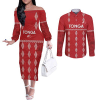 Custom Tonga Rugby 2024 Couples Matching Off The Shoulder Long Sleeve Dress and Long Sleeve Button Shirt Go Champions Ikale Tahi Ngatu Pattern LT14 Red - Polynesian Pride