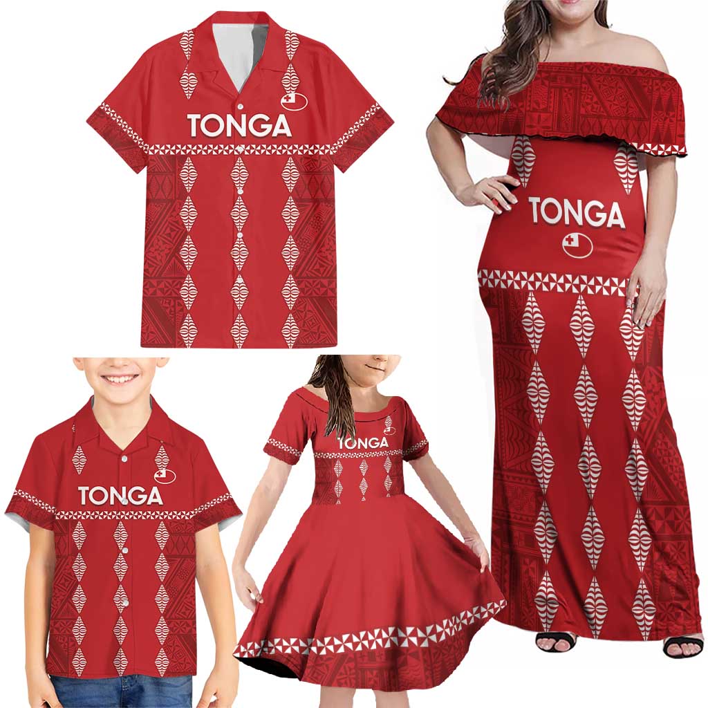 Custom Tonga Rugby 2024 Family Matching Off Shoulder Maxi Dress and Hawaiian Shirt Go Champions Ikale Tahi Ngatu Pattern LT14 - Polynesian Pride