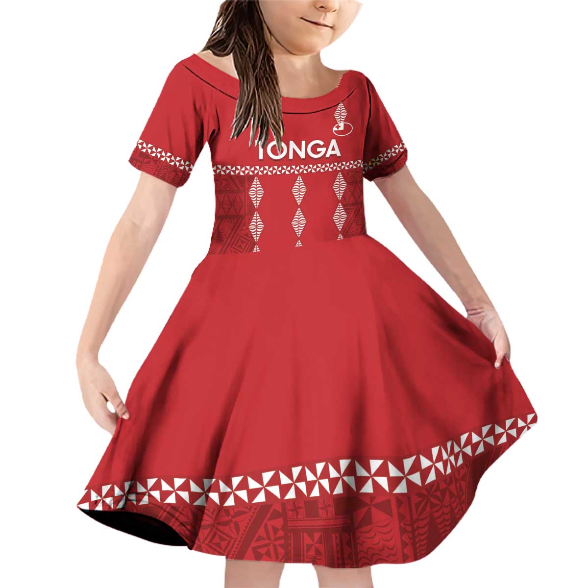 Custom Tonga Rugby 2024 Family Matching Off Shoulder Short Dress and Hawaiian Shirt Go Champions Ikale Tahi Ngatu Pattern LT14 Daughter's Dress Red - Polynesian Pride