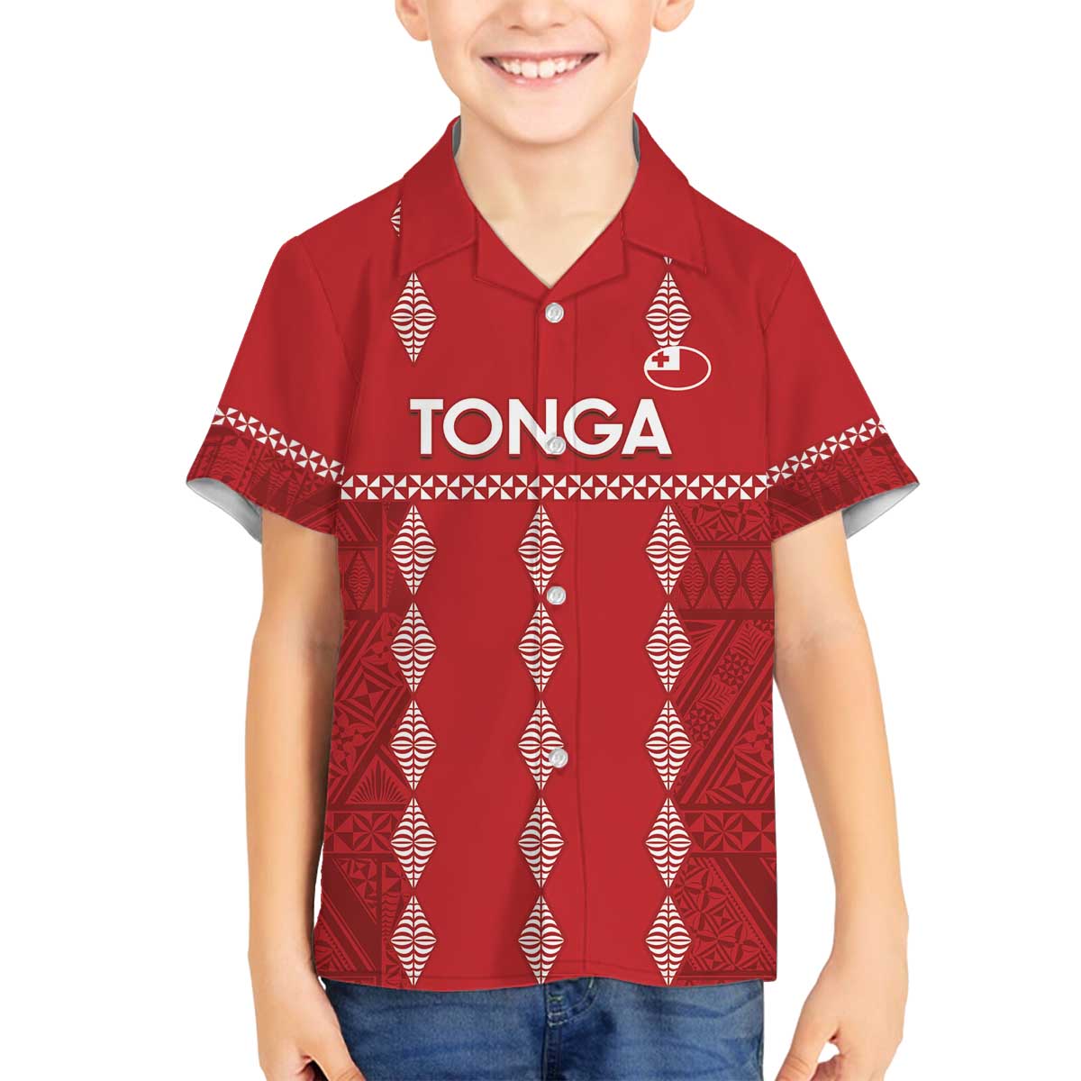 Custom Tonga Rugby 2024 Family Matching Off Shoulder Short Dress and Hawaiian Shirt Go Champions Ikale Tahi Ngatu Pattern LT14 Son's Shirt Red - Polynesian Pride