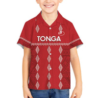 Custom Tonga Rugby 2024 Family Matching Off Shoulder Short Dress and Hawaiian Shirt Go Champions Ikale Tahi Ngatu Pattern LT14 Son's Shirt Red - Polynesian Pride