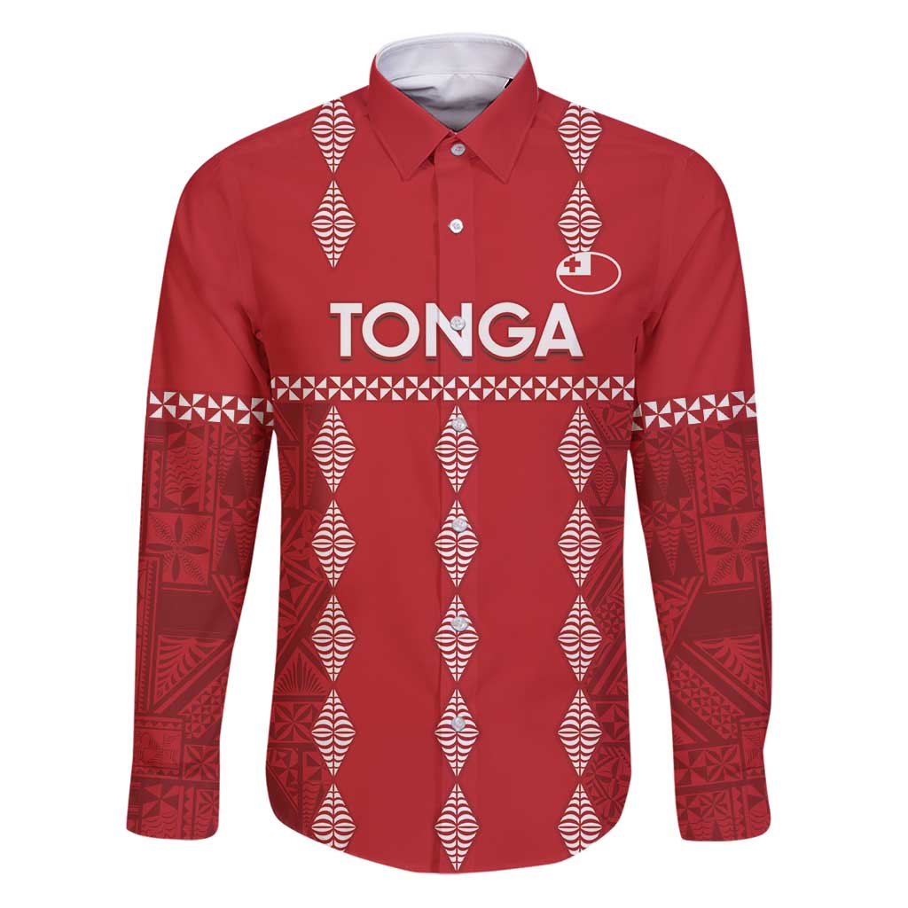 Custom Tonga Rugby 2024 Family Matching Puletasi and Hawaiian Shirt Go Champions Ikale Tahi Ngatu Pattern LT14 Dad's Shirt - Long Sleeve Red - Polynesian Pride