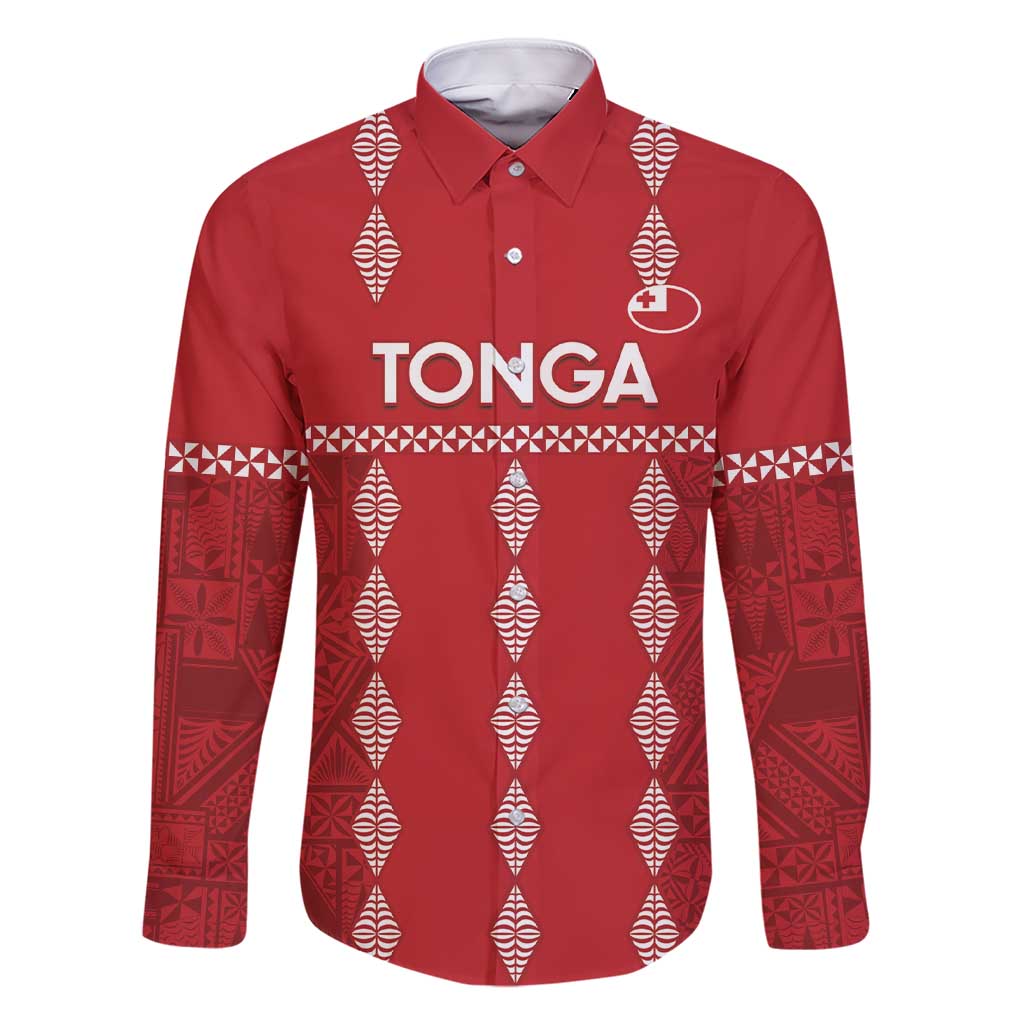 Custom Tonga Rugby 2024 Family Matching Short Sleeve Bodycon Dress and Hawaiian Shirt Go Champions Ikale Tahi Ngatu Pattern LT14 Dad's Shirt - Long Sleeve Red - Polynesian Pride