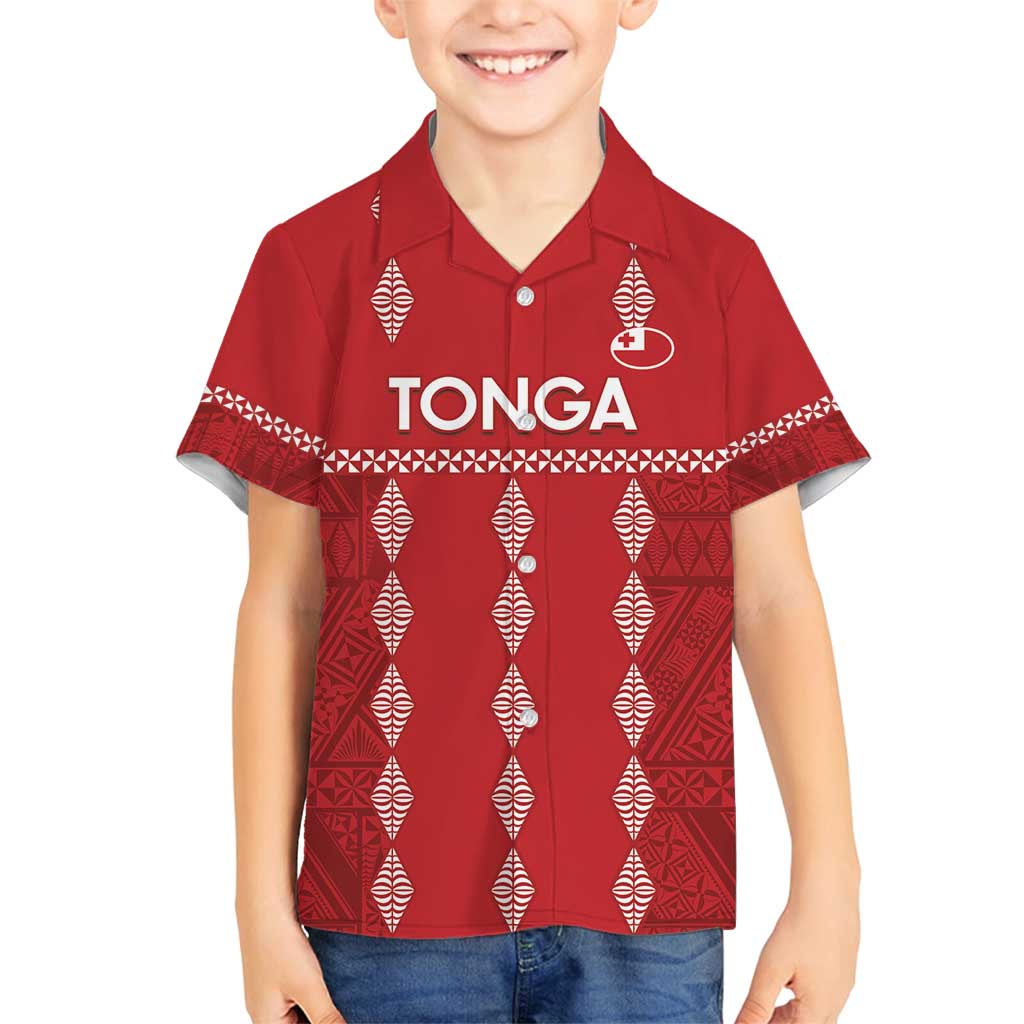 Custom Tonga Rugby 2024 Family Matching Summer Maxi Dress and Hawaiian Shirt Go Champions Ikale Tahi Ngatu Pattern LT14 Son's Shirt Red - Polynesian Pride
