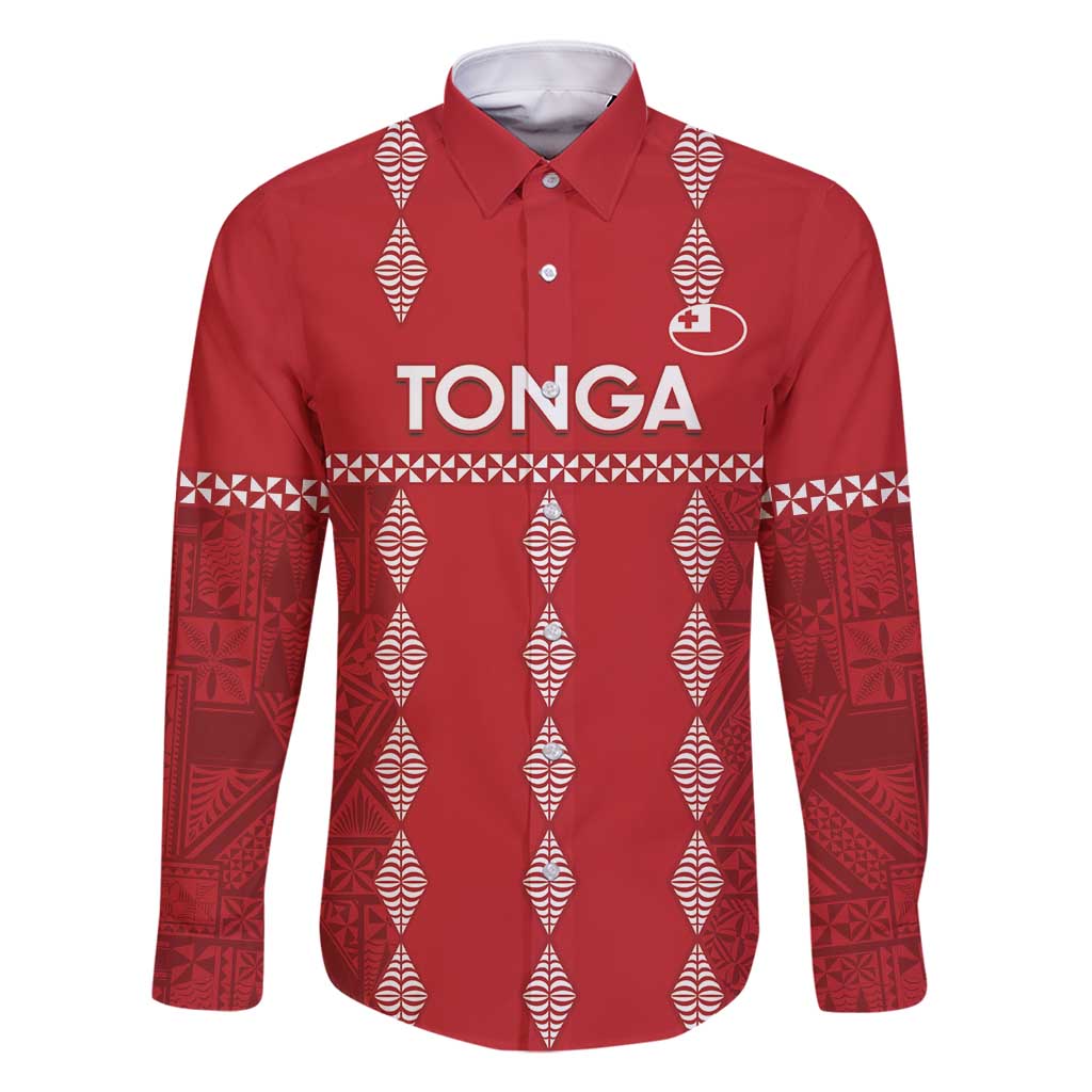 Custom Tonga Rugby 2024 Family Matching Tank Maxi Dress and Hawaiian Shirt Go Champions Ikale Tahi Ngatu Pattern LT14 Dad's Shirt - Long Sleeve Red - Polynesian Pride