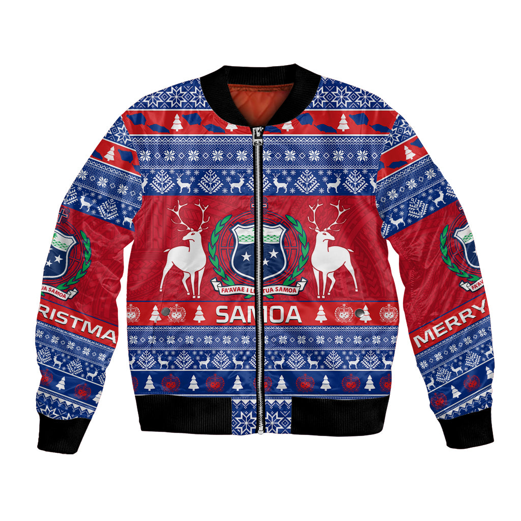 Personalised Samoa Christmas Bomber Jacket Samoan Coat Of Arms Manuia Le Kirisimas LT14 Unisex Blue - Polynesian Pride