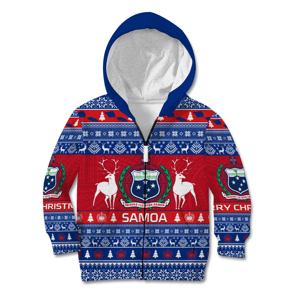 Personalised Samoa Christmas Kid Hoodie Samoan Coat Of Arms Manuia Le Kirisimas LT14 Zip Hoodie Blue - Polynesian Pride