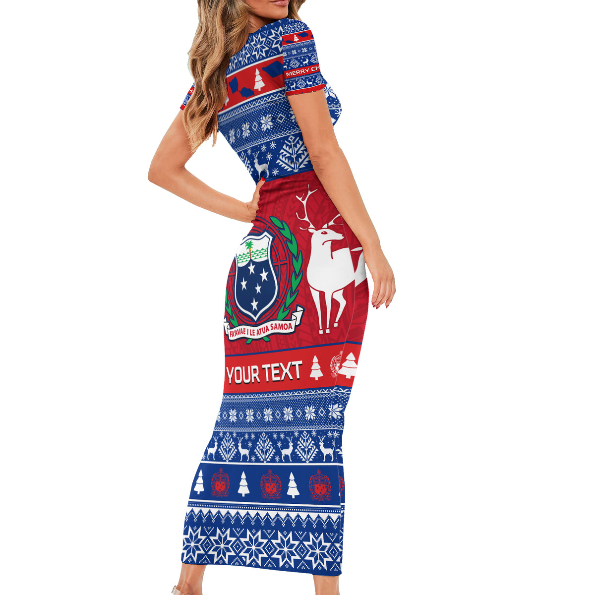 Personalised Samoa Christmas Short Sleeve Bodycon Dress Samoan Coat Of Arms Manuia Le Kirisimas LT14 - Polynesian Pride