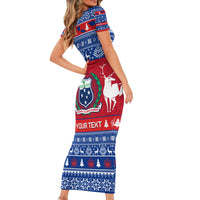 Personalised Samoa Christmas Short Sleeve Bodycon Dress Samoan Coat Of Arms Manuia Le Kirisimas LT14 - Polynesian Pride