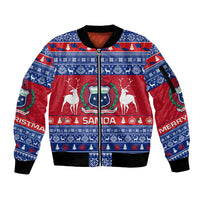 Personalised Samoa Christmas Sleeve Zip Bomber Jacket Samoan Coat Of Arms Manuia Le Kirisimas LT14 Unisex Blue - Polynesian Pride