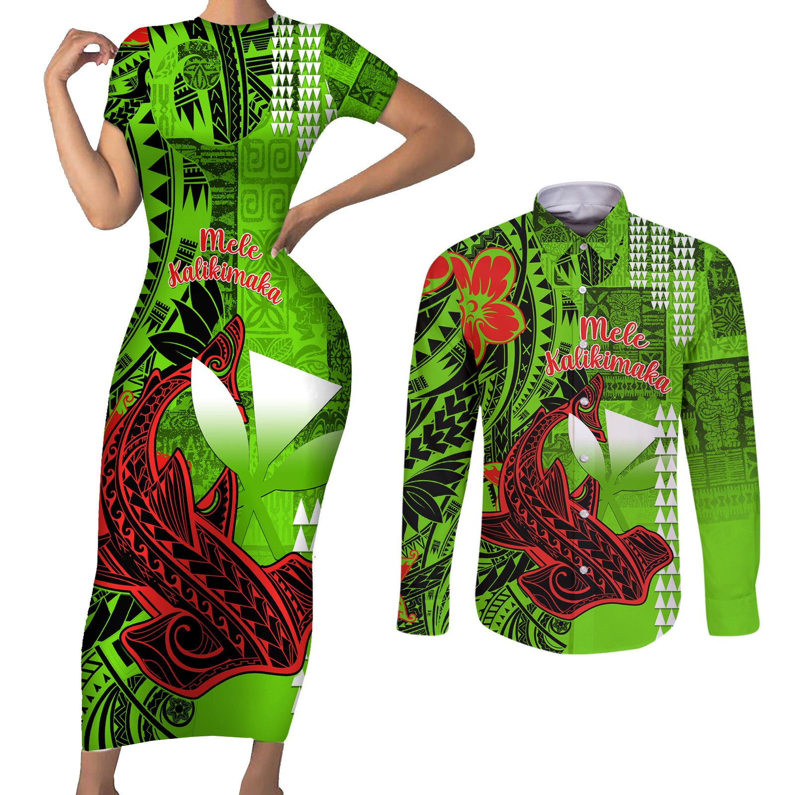Personalised Hawaii Christmas Couples Matching Short Sleeve Bodycon Dress and Long Sleeve Button Shirts Mele Kalikimaka Kakau Polynesian Shark Tattoo LT14 Green - Polynesian Pride