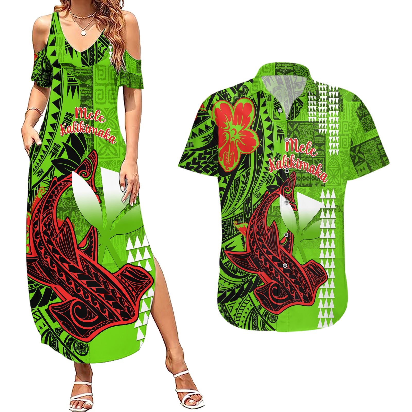 Personalised Hawaii Christmas Couples Matching Summer Maxi Dress and Hawaiian Shirt Mele Kalikimaka Kakau Polynesian Shark Tattoo LT14 Green - Polynesian Pride