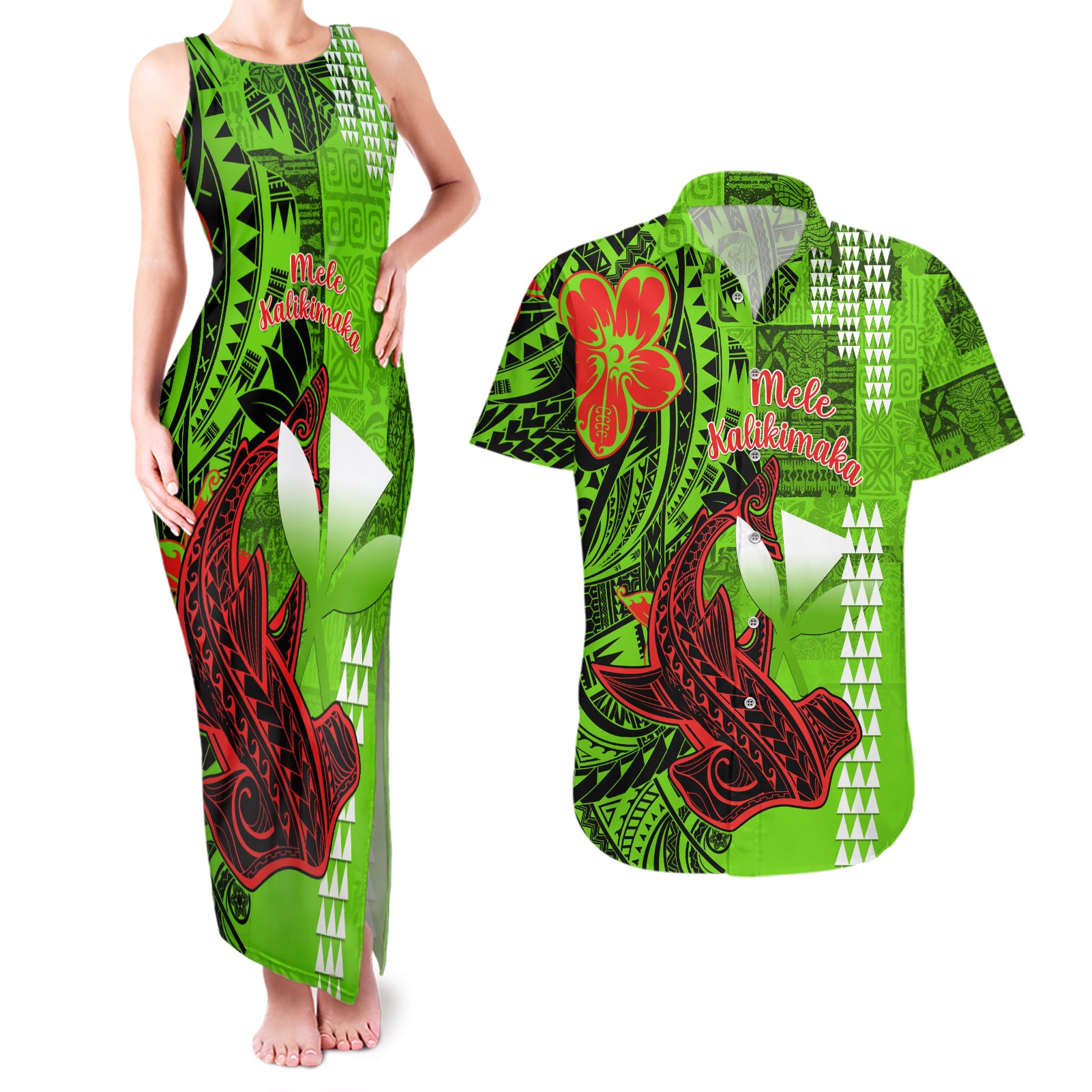 Personalised Hawaii Christmas Couples Matching Tank Maxi Dress and Hawaiian Shirt Mele Kalikimaka Kakau Polynesian Shark Tattoo LT14 Green - Polynesian Pride