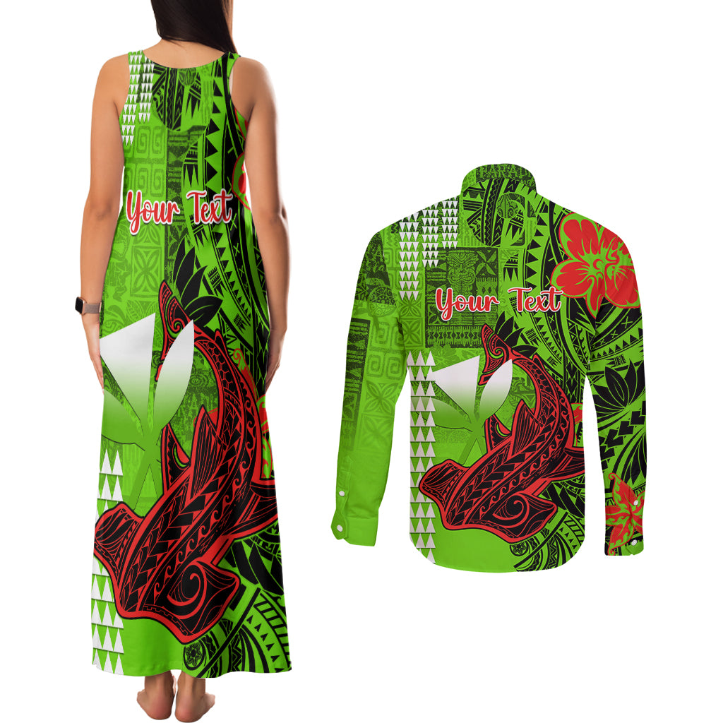 Personalised Hawaii Christmas Couples Matching Tank Maxi Dress and Long Sleeve Button Shirts Mele Kalikimaka Kakau Polynesian Shark Tattoo LT14 - Polynesian Pride