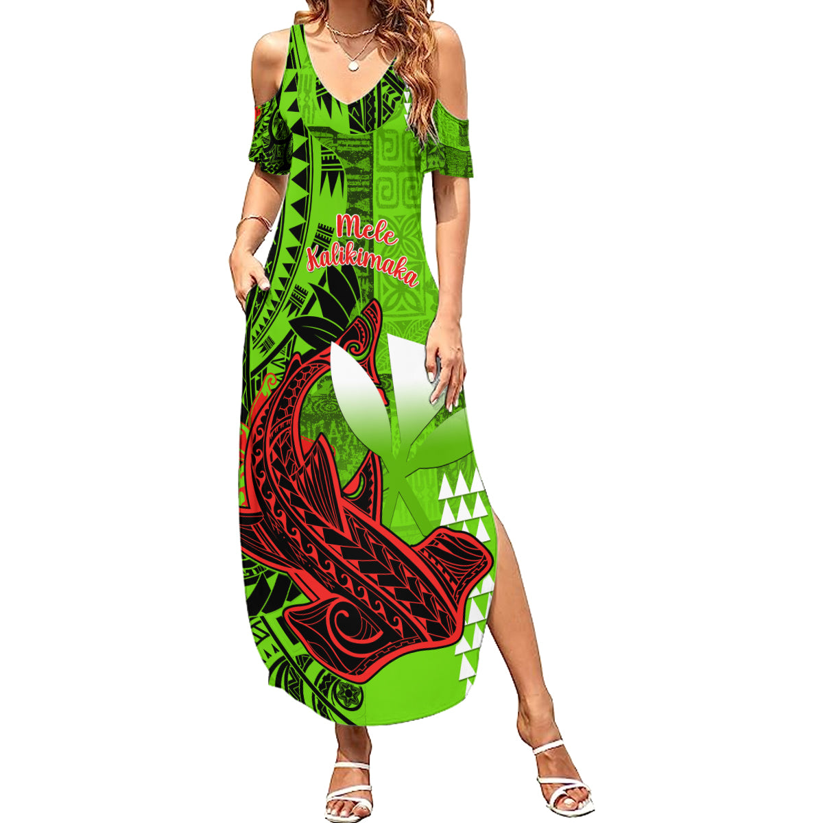 Personalised Hawaii Christmas Family Matching Summer Maxi Dress and Hawaiian Shirt Mele Kalikimaka Kakau Polynesian Shark Tattoo LT14 Mom's Dress Green - Polynesian Pride