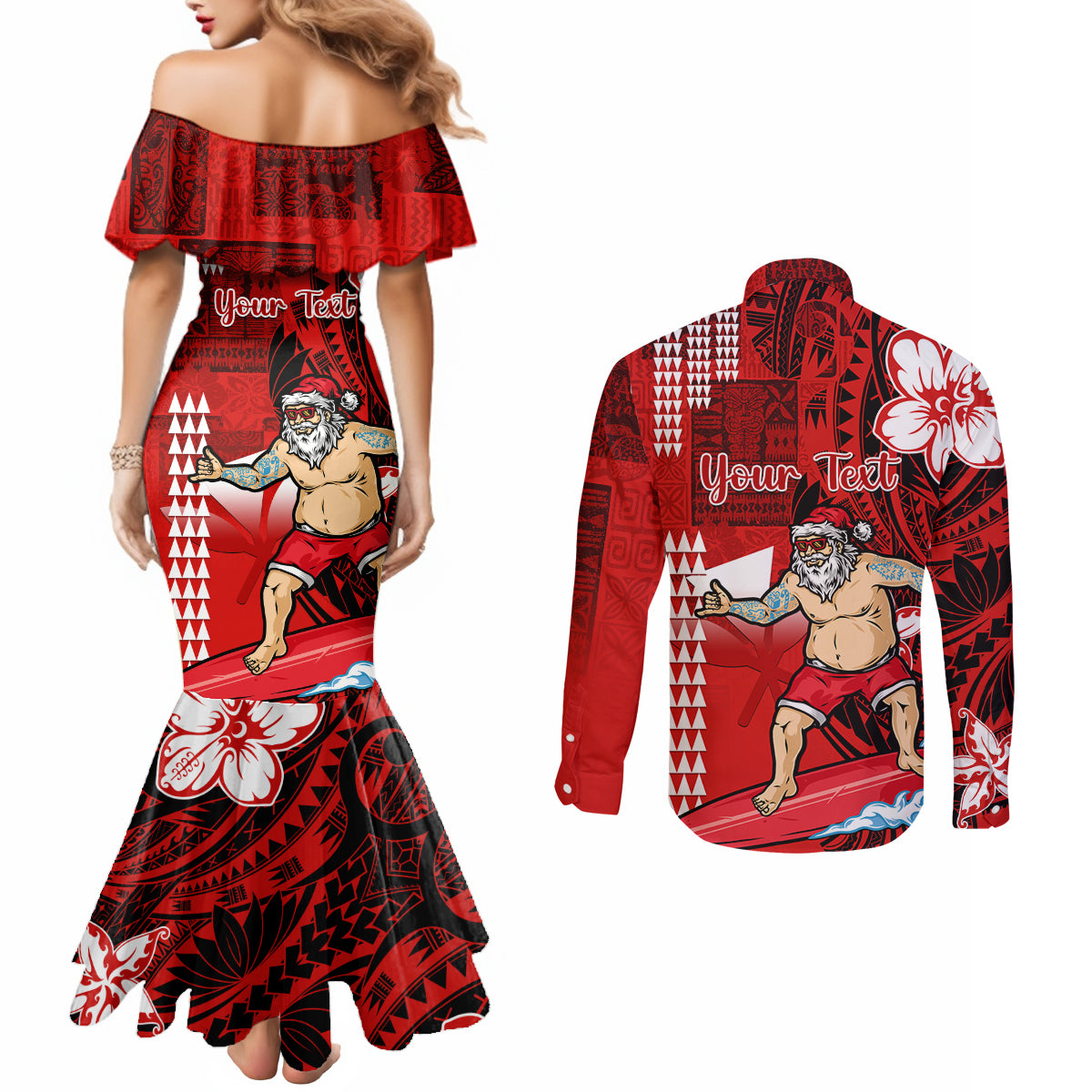Personalised Hawaii Christmas Couples Matching Mermaid Dress and Long Sleeve Button Shirts Mele Kalikimaka Surfing Santa Claus LT14 - Polynesian Pride