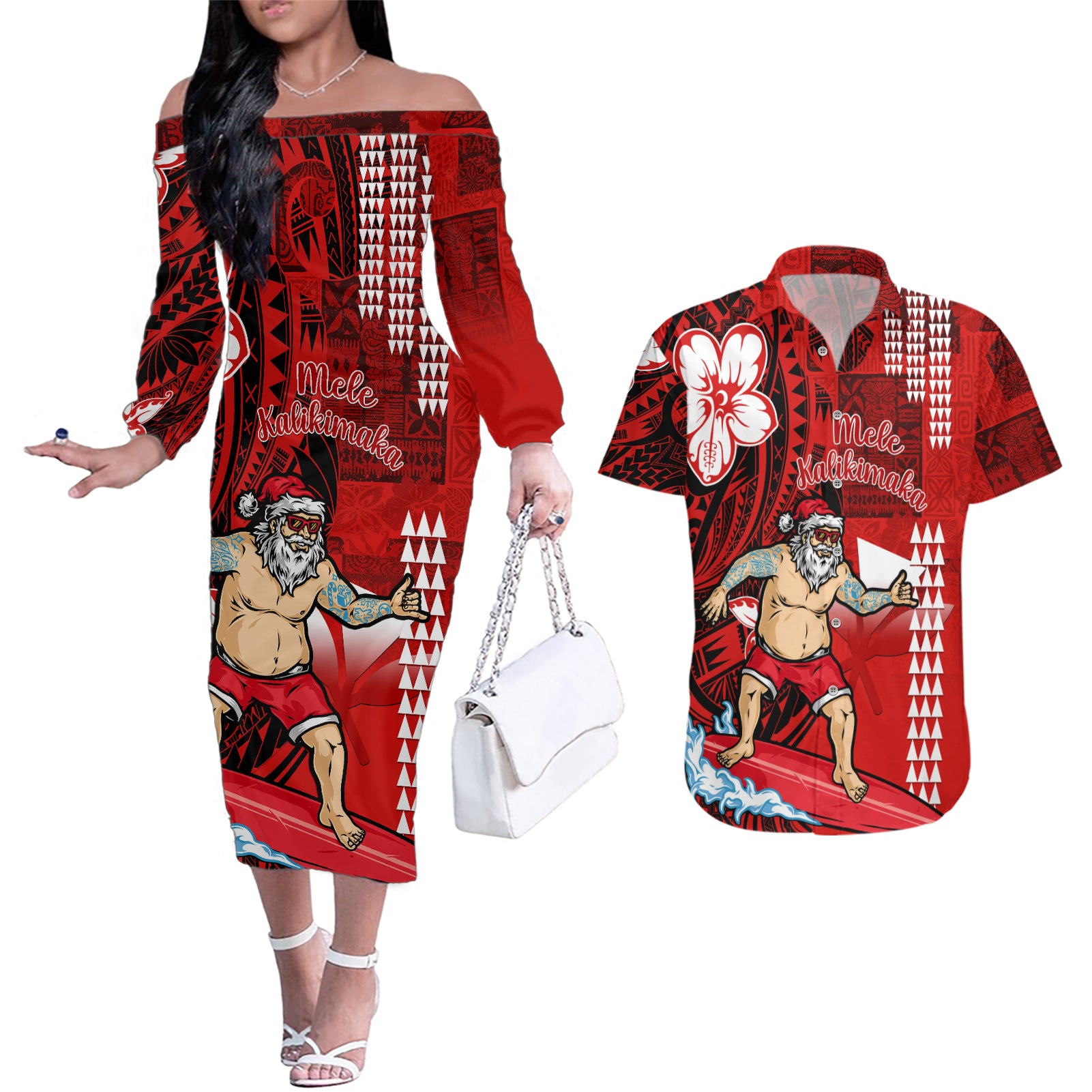 Personalised Hawaii Christmas Couples Matching Off The Shoulder Long Sleeve Dress and Hawaiian Shirt Mele Kalikimaka Surfing Santa Claus LT14 Red - Polynesian Pride