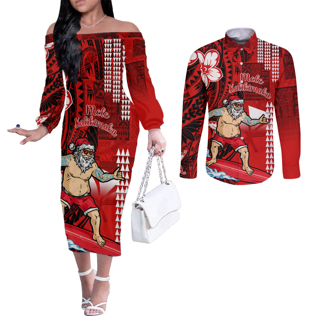 Personalised Hawaii Christmas Couples Matching Off The Shoulder Long Sleeve Dress and Long Sleeve Button Shirts Mele Kalikimaka Surfing Santa Claus LT14 Red - Polynesian Pride
