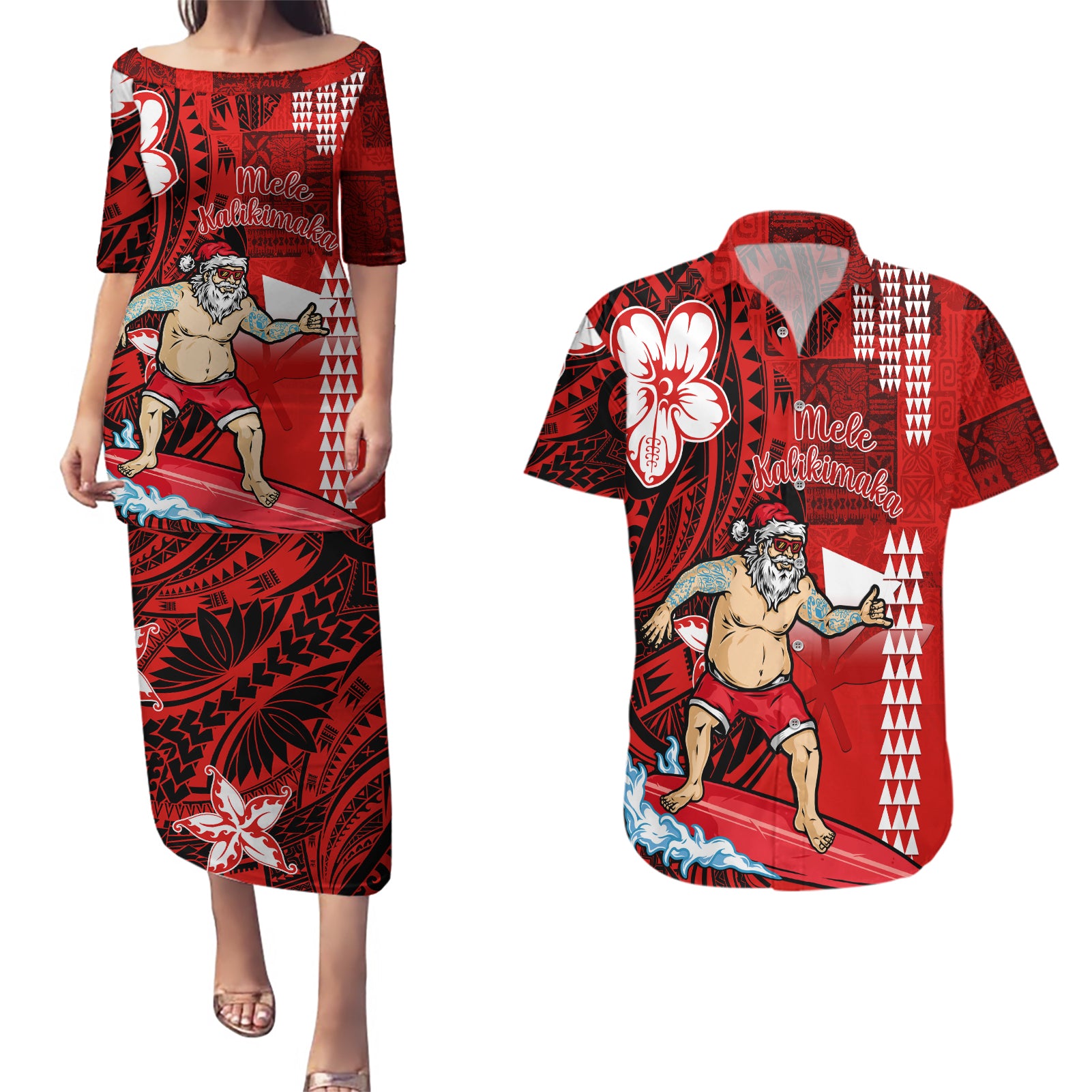 Personalised Hawaii Christmas Couples Matching Puletasi Dress and Hawaiian Shirt Mele Kalikimaka Surfing Santa Claus LT14 Red - Polynesian Pride