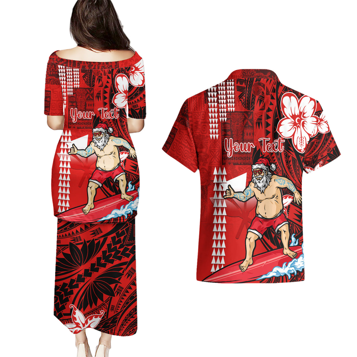 Personalised Hawaii Christmas Couples Matching Puletasi Dress and Hawaiian Shirt Mele Kalikimaka Surfing Santa Claus LT14 - Polynesian Pride