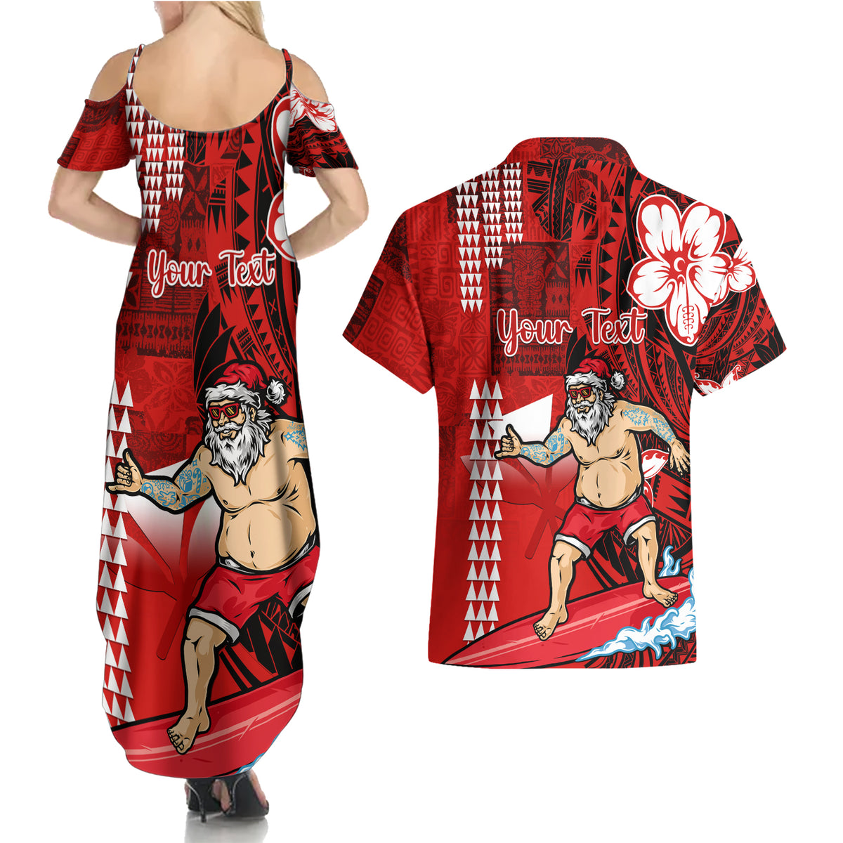 Personalised Hawaii Christmas Couples Matching Summer Maxi Dress and Hawaiian Shirt Mele Kalikimaka Surfing Santa Claus LT14 - Polynesian Pride