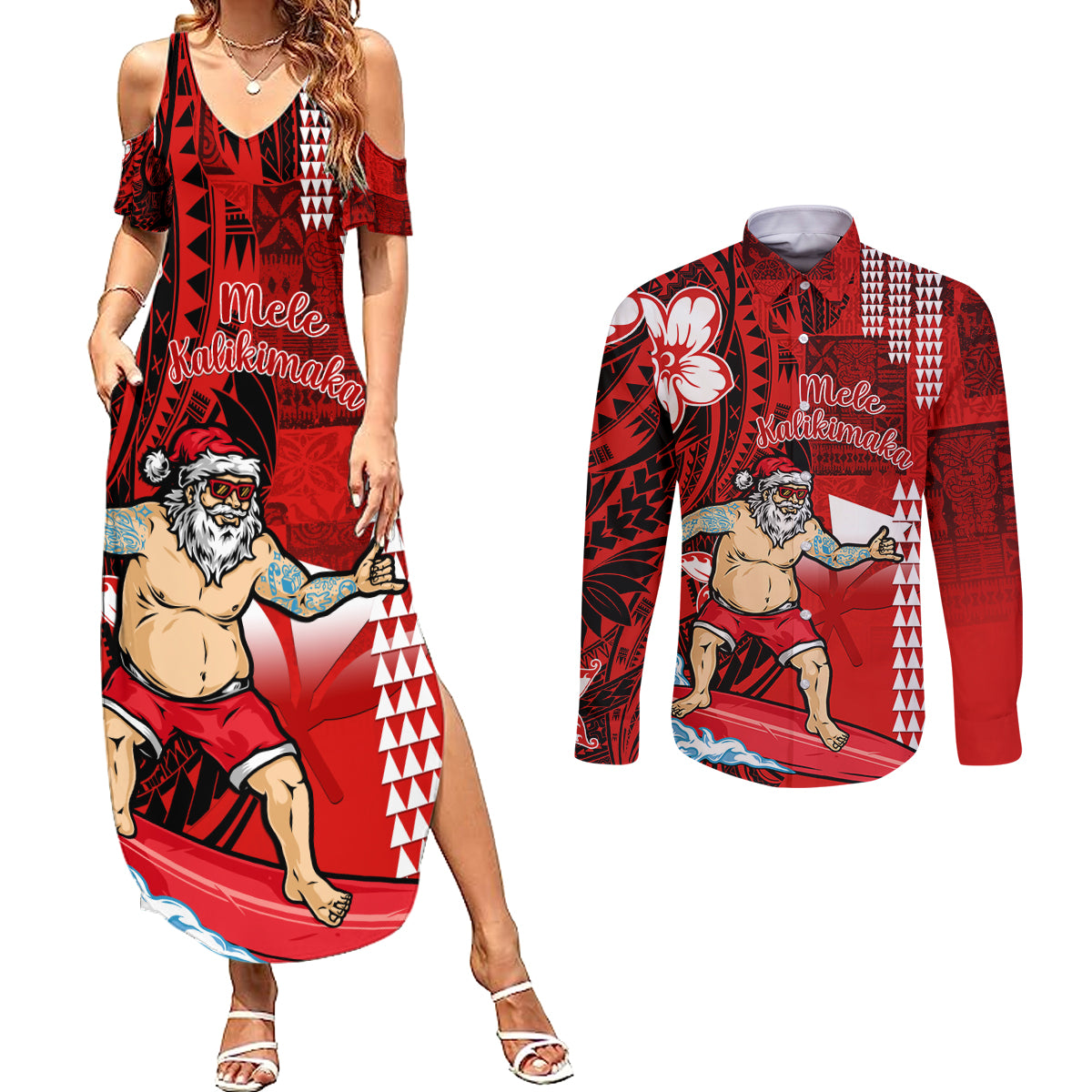 Personalised Hawaii Christmas Couples Matching Summer Maxi Dress and Long Sleeve Button Shirts Mele Kalikimaka Surfing Santa Claus LT14 Red - Polynesian Pride