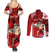 Personalised Hawaii Christmas Couples Matching Summer Maxi Dress and Long Sleeve Button Shirts Mele Kalikimaka Surfing Santa Claus LT14 - Polynesian Pride