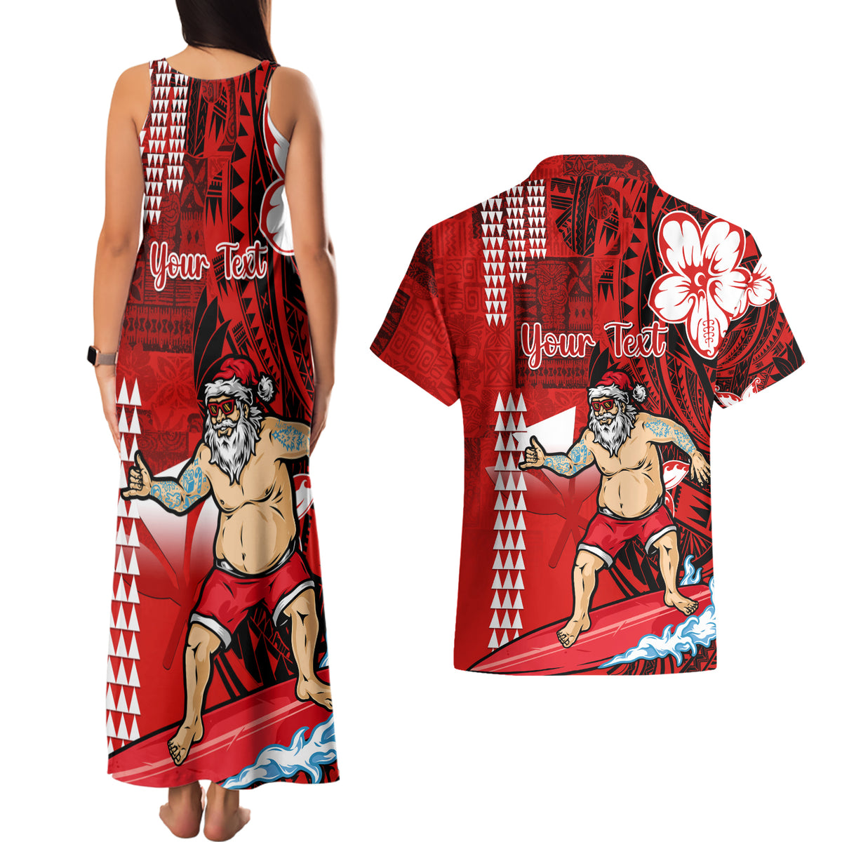 Personalised Hawaii Christmas Couples Matching Tank Maxi Dress and Hawaiian Shirt Mele Kalikimaka Surfing Santa Claus LT14 - Polynesian Pride