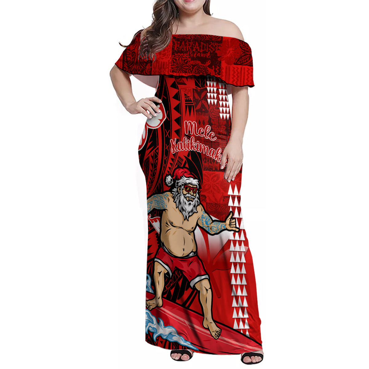 Personalised Hawaii Christmas Family Matching Off Shoulder Maxi Dress and Hawaiian Shirt Mele Kalikimaka Surfing Santa Claus LT14 Mom's Dress Red - Polynesian Pride