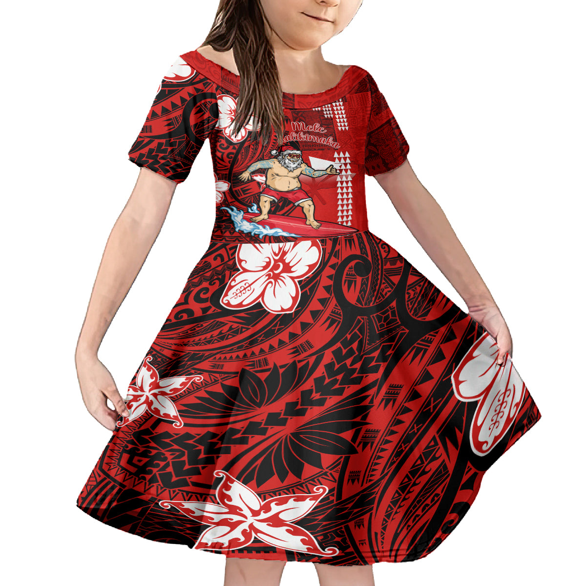 Personalised Hawaii Christmas Kid Short Sleeve Dress Mele Kalikimaka Surfing Santa Claus LT14 KID Red - Polynesian Pride