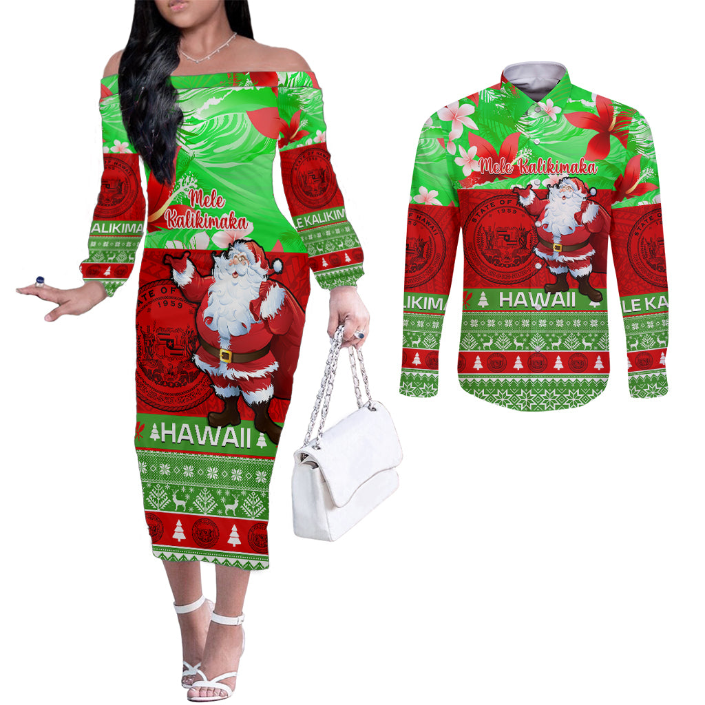 Personalised Hawaii Christmas Couples Matching Off The Shoulder Long Sleeve Dress and Long Sleeve Button Shirts Mele Kalikimaka Hawaiian Santa Tropical Vibes LT14 Red - Polynesian Pride